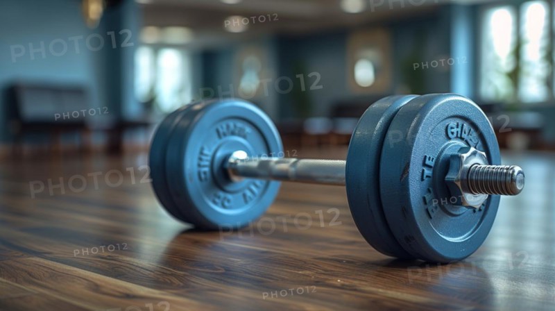 Close-up of a dumbbell on a wooden gym floor with selective focus, AI generated