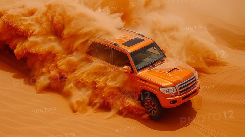 An orange 3x4 pickup truck charges through a desert sandstorm, showcasing power and movement, ai generated, AI generated