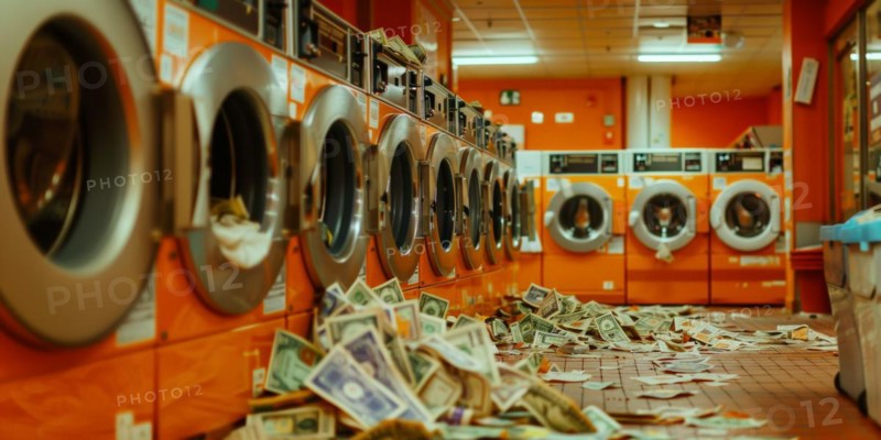 Banknotes scattered on the floor under a row of washing machines in a launderette, symbolic image of money laundering, illegally obtained money, AI generated, AI generated, AI generated