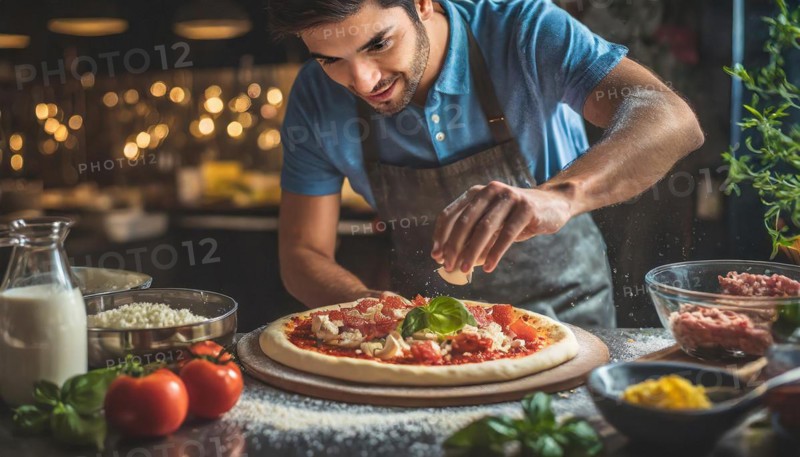 Artisan pizza maker making a rustic pizza, ingredients, kitchen, AI generated, AI generated