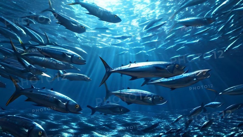 Silver sardines arrive in a dense school their silver scales shimmer under the light, AI generated, deep sea, fish, squid, bioluminescent, glowing, light, water, ocean