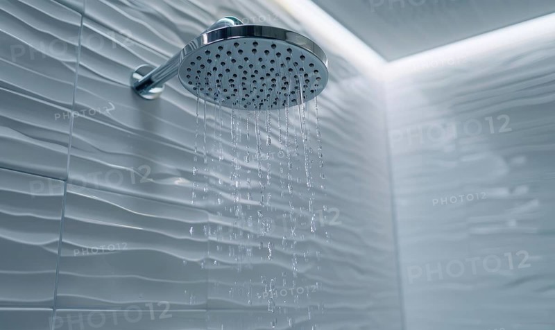 Streams of water fall from a shower head against a textured wall creating a ripple effect AI generated