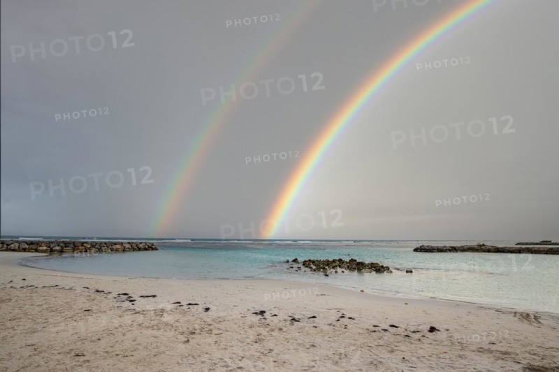 Caribbean dream beach with palm trees, white sandy beach and turquoise-coloured, crystal-clear water in the sea. Shallow bay with rainbow. Plage de Sainte Anne, Grande Terre, Guadeloupe, French Antilles, North America