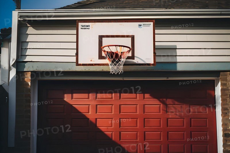 90s style basketball hoop suspended above a garage door, AI generated