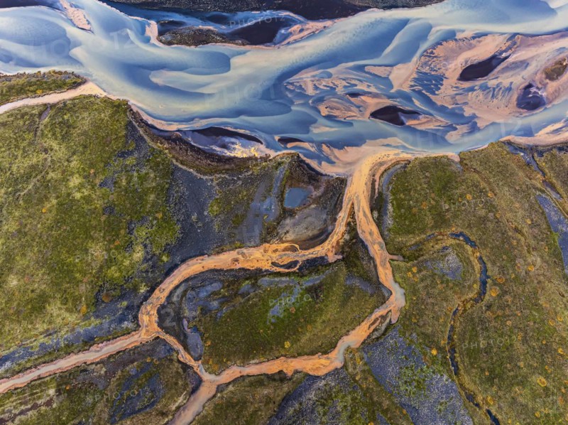 Overgrown mineralised river landscape, drone image, Landeyjasandur, Sudurland, Iceland, Europe