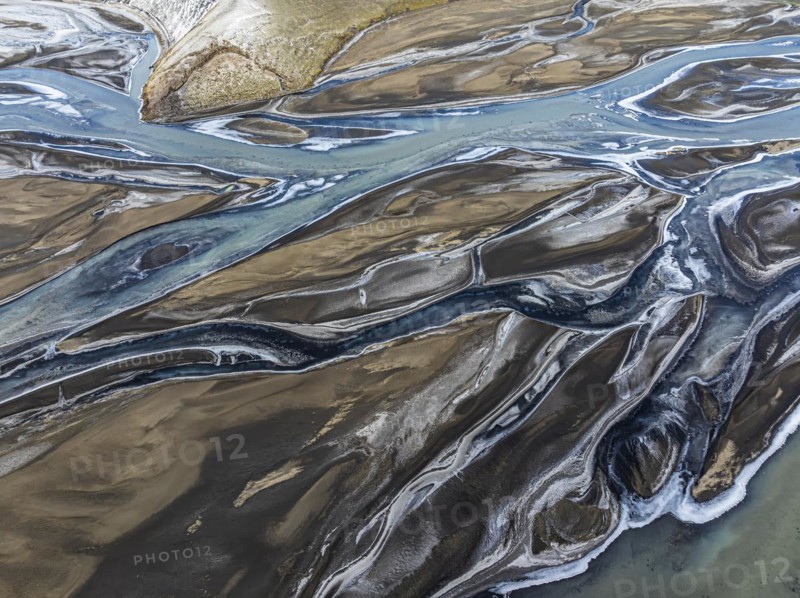 Overgrown river landscape, drone shot, Fjallabak Nature Reserve, Sudurland, Iceland, Europe