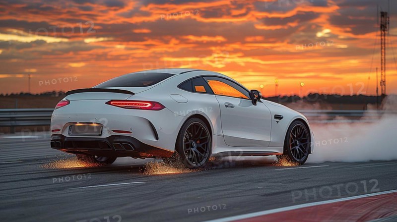 White sports car drifting on a racetrack with a beautiful sunset in the background, AI generated