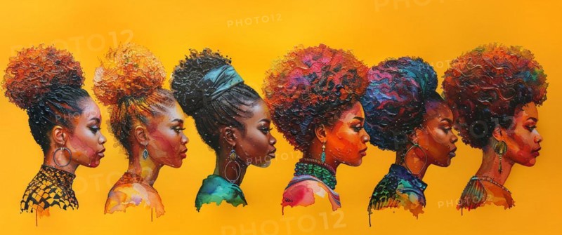 Profiles of seven women with different afro hairstyles on a vibrant orange background with dripping paint details, banner 3:1 wide style, horizontal aspect ratio, AI generated