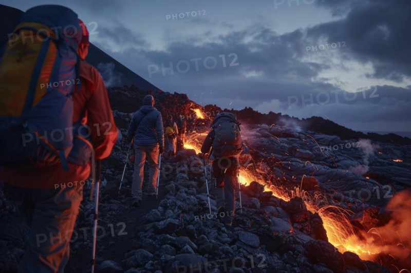 Tourists, hiking group, expedition, onlookers on the way to an active volcano, surrounded by hot, partially cooled lava flows, symbolic image for volcano tourism, disaster tourism, travel trends and the associated dangers, AI generated, AI generated, AI generated