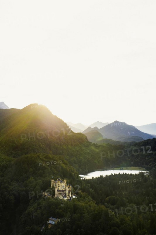 Hohenschwangau Castle, foehn storm, sunset, near Fuessen, Ostallgaeu, Allgaeu, Bavaria, Germany, Europe