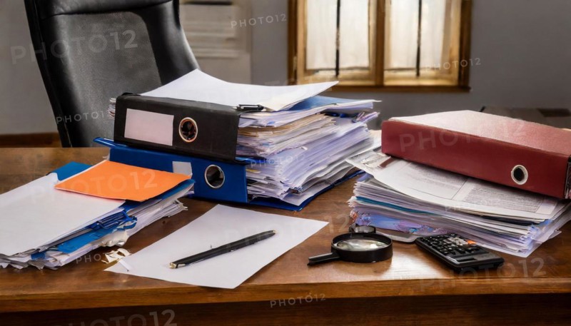 An organised desk with files and documents in an office with office chair, symbolism bureaucracy, AI generated, AI generated