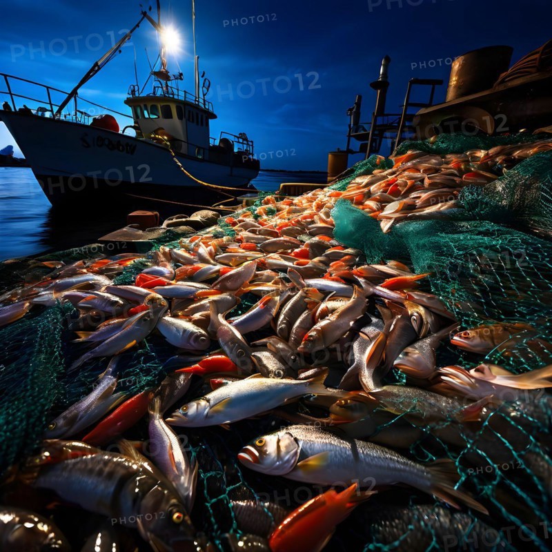 Commercial fishing net cascading onto the dock overflowing with caught shrimp fish and incidentally bycatch, AI generated, deep sea, fish, squid, bioluminescent, glowing, light, water, ocean