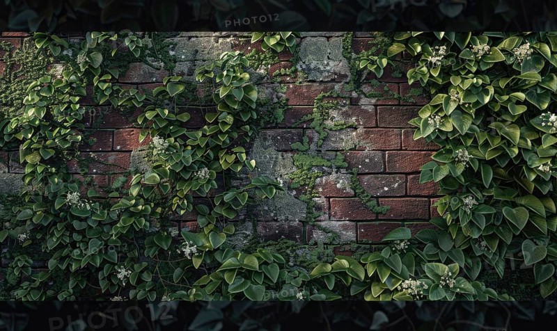 Ivy leaves crawl over a weathered brick wall, creating a natural tapestry AI generated