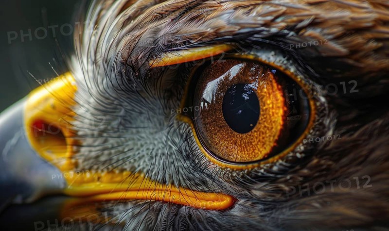 Macro shot capturing intricate detail of a bird of prey's orange eye AI generated