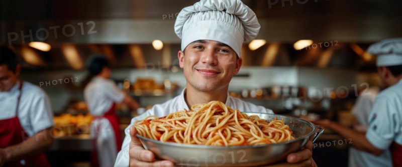 Happy young chef presenting a large bowl of pasta, displaying satisfaction with his culinary creation, in a crowded restaurant professional kitchen settings sharing with colleagues, AI generated