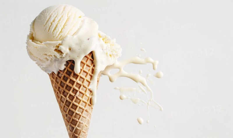 Melting ice cream cone on white background AI generated