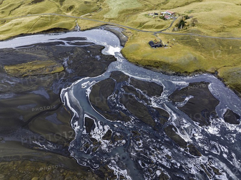 Overgrown river landscape, Fjallabak Nature Reserve, drone shot, Sudurland, Iceland, Europe