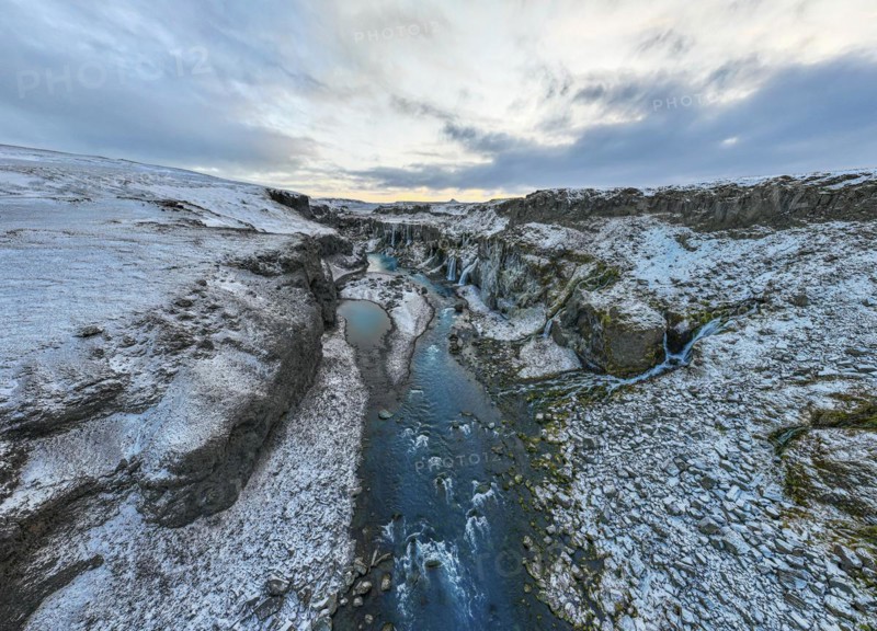 Hrauneyjarfoss waterfalls, drone shot, Sudurland, Iceland, Europe