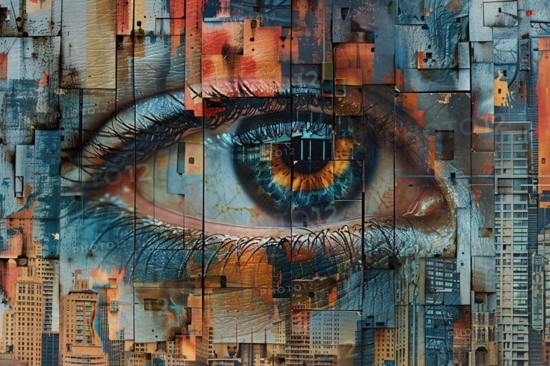 An abstract artwork combining an eye detail with urban cityscape collage elements, illustration, AI generated