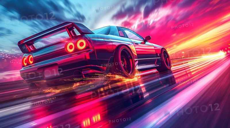 Retro vintage japanese Sports car racing at high speed with neon light trails at night, low ultra wide angle, AI generated