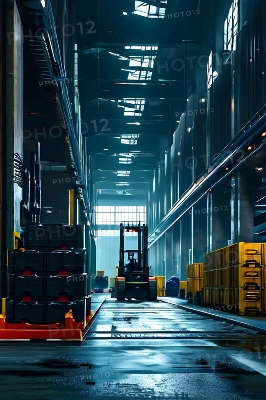 Loading bay at a seaport with forklifts and workers, AI generated