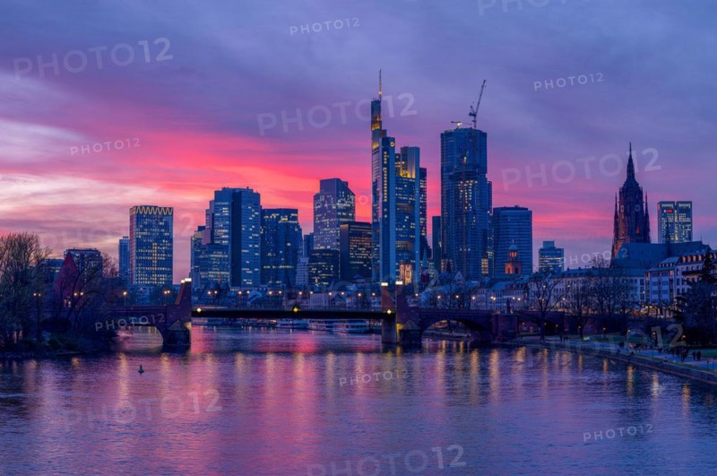 The Frankfurt skyline with office towers behind the Main at sunset, on the right the Kaiserdom, Frankfurt am Main, Hesse, Germany, Europe