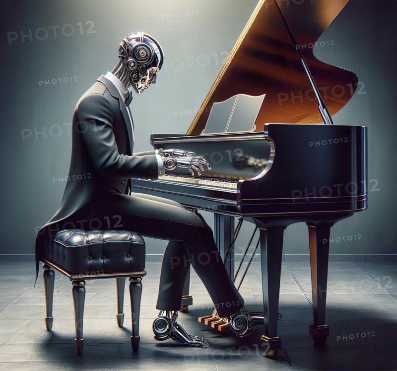 A humanoid robot sits at a grand piano in a concert hall and plays classical music, symbolic image cybernetics, science fiction, technology, art AI generated, AI generated