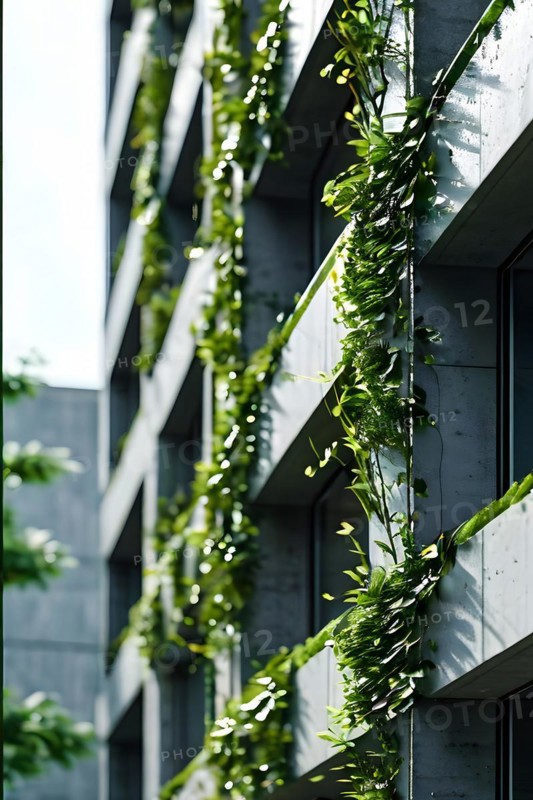 Building facade bio concrete seamlessly interlaced with living plants, AI generated