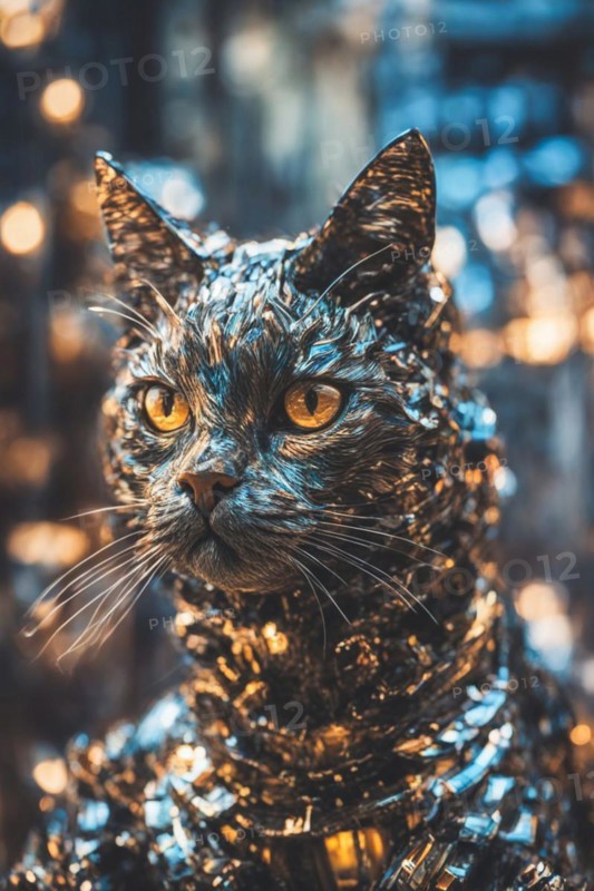 A tinsel-clad cat with yellow eyes poses with a blurred golden background, ray tracing 3d sculpture, AI generated