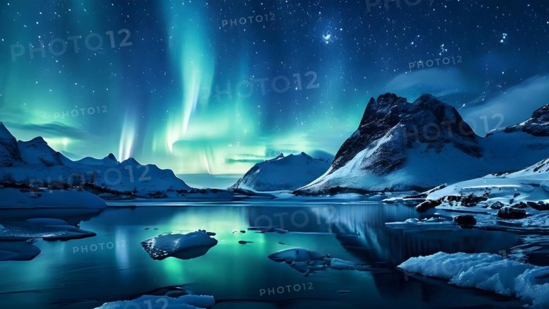 Northern lights reflecting on a serene fjords ice astral glow doubled in the glassy water, AI generated