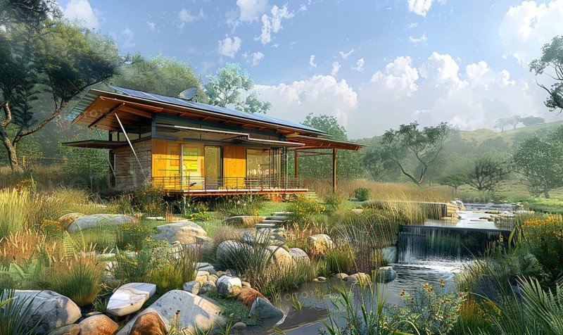 Wooden cabin with solar panels next to a babbling creek surrounded by lush vegetation AI generated