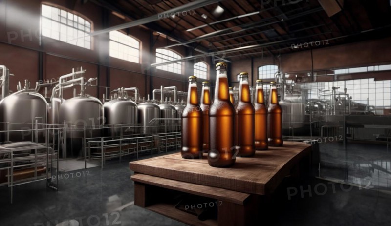 Beer production at the factory, conveyor belt with bottles of beer, AI generated