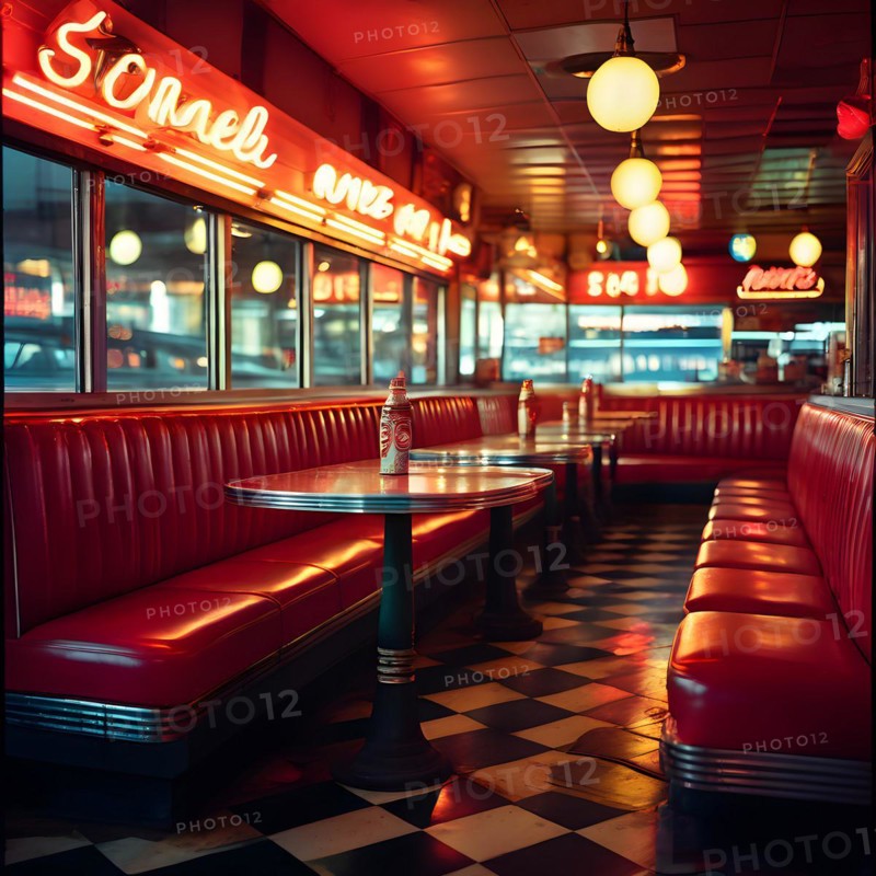 90s themed diner interior checkered flooring gleams under the glow of retro neon lights, AI generated