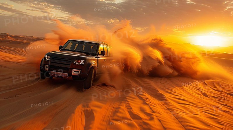 An SUV racing across sand dunes in the desert with dust clouds at dusk, AI generated