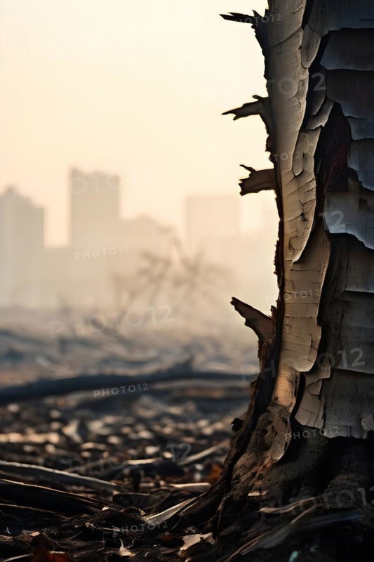 Tree barks texture cracked and dry juxtaposed with a faint city silhouette indicating climate change, AI generated