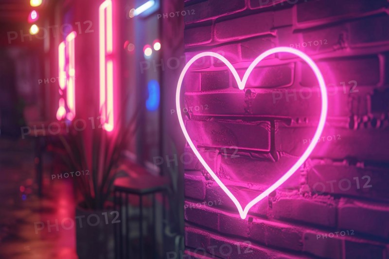 Pink heart shaped neon sign on wall. KI generiert, generiert, AI generated