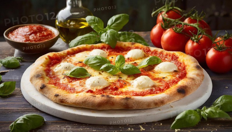 Food, Pizza Margherita with tomatoes, mozzarella and basil, AI generated, AI generated