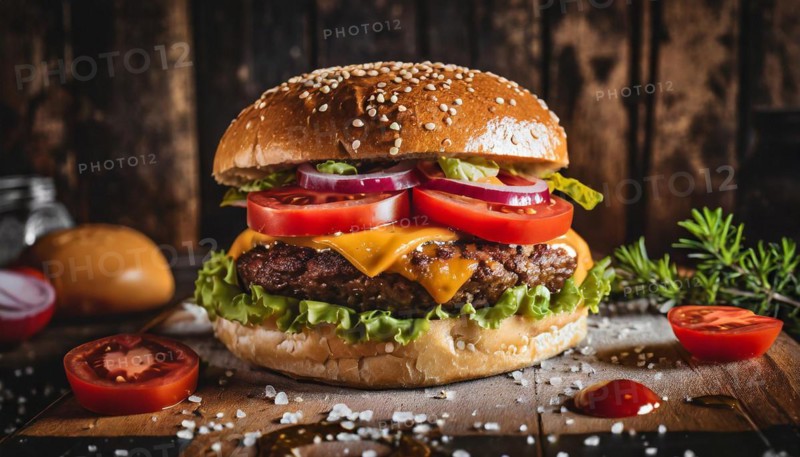 Food, hamburger with meat, tomato and sesame bun, AI generated, AI generated