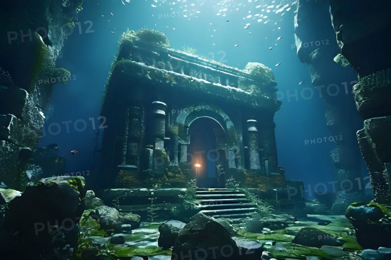 Deep sea submersible bathed in artificial light navigates through murky waters, AI generated, deep sea, fish, squid, bioluminescent, glowing, light, water, ocean
