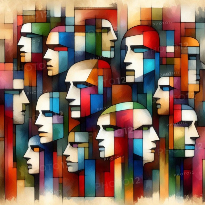 Colorful pattern of abstract geometric cubist faces, square aspect, AI generated