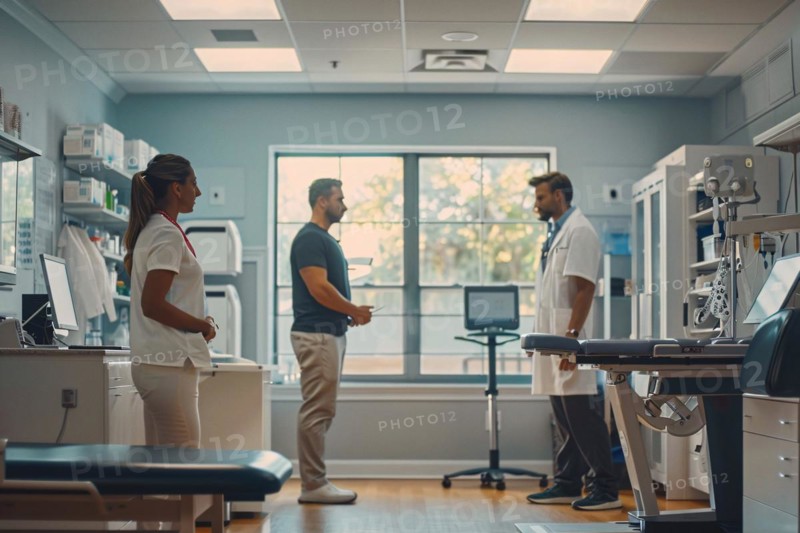 Two healthcare professionals engaged in a conversation in a clinic with equipment, AI generated