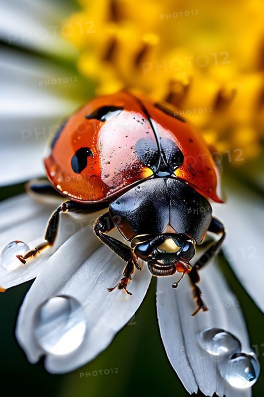 Ladybug ascends daisy petal embodying, AI generated