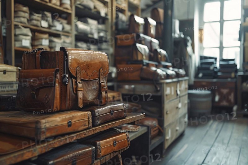 Assorted vintage leather bags and suitcases neatly arranged on shelves in a workshop, AI generated