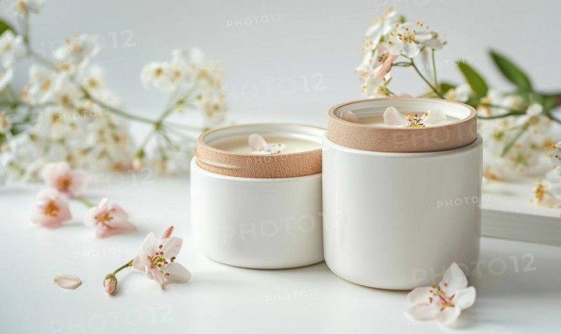 Two creme jar blank mockups adorned with delicate flower petals AI generated