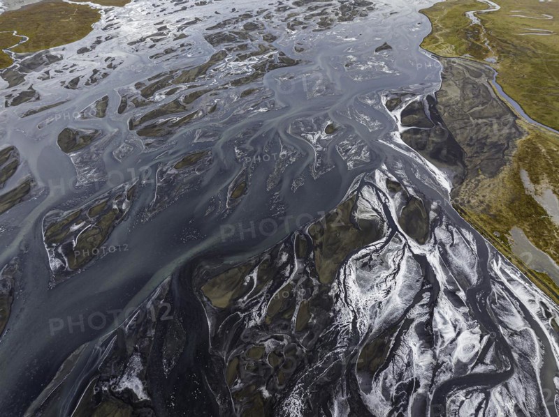 Overgrown river landscape, Eldhraun, near Kirkjubaejarklaustur, drone image, Sudurland, Iceland, Europe
