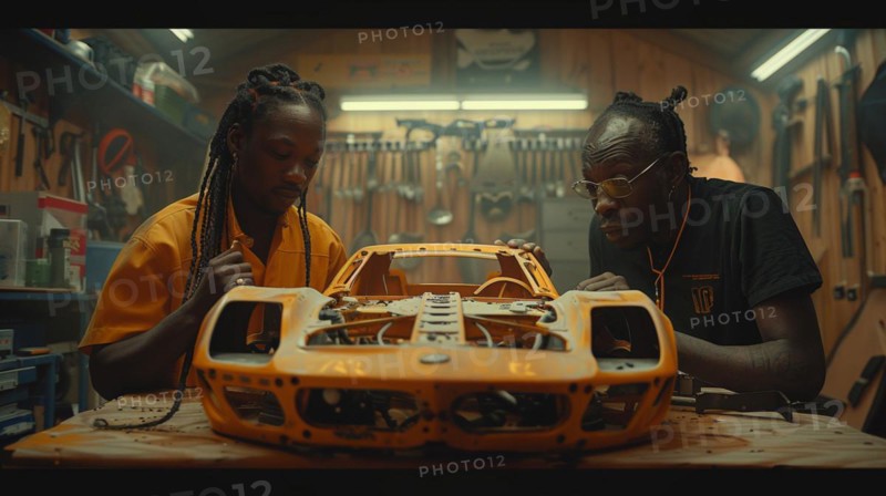 Two black young adults individuals focused on assembling a model car in a workshop filled with tools, AI generated