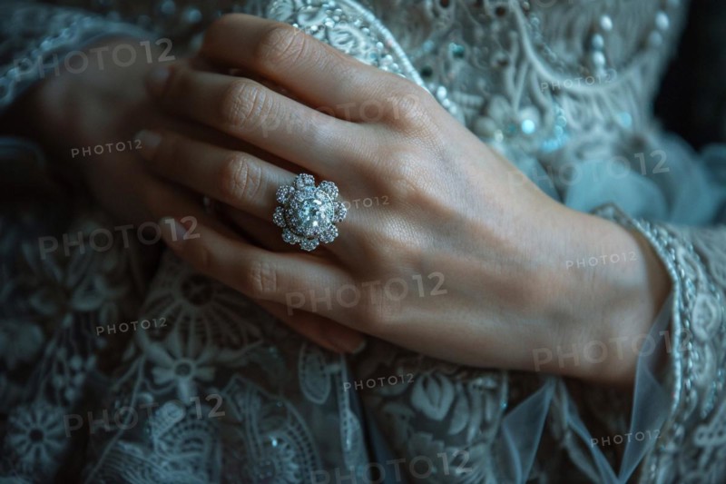Close-up of hands adorned with a luxurious engagement ring and traditional attire, AI generated