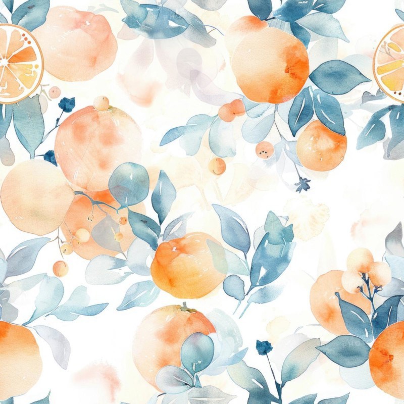 Watercolor seamless pattern with oranges and green leaves AI generated