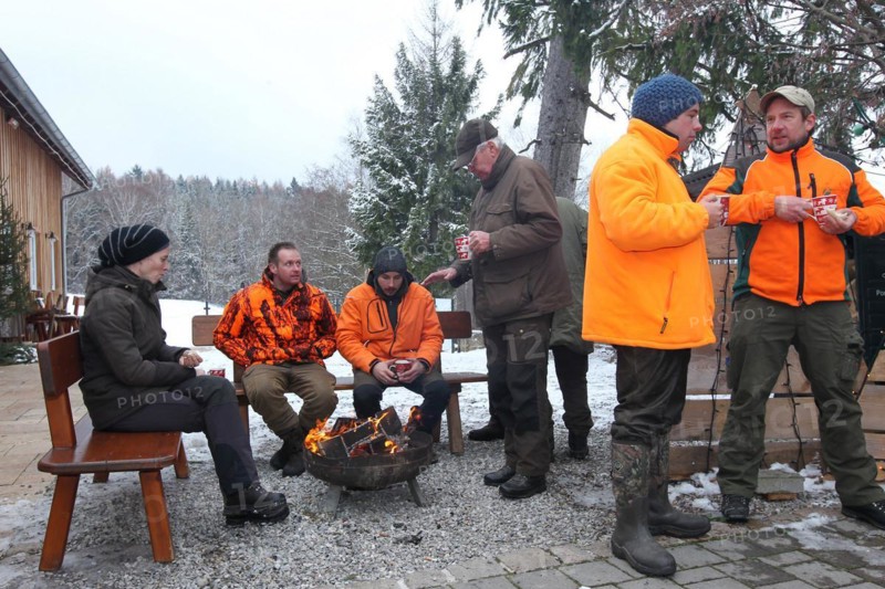 Wild boar (Sus scrofa) end of the hunt, amusing hunter's round, so-called Schuesseltreiben, tradition, Allgaeu, Bavaria, Germany, Europe