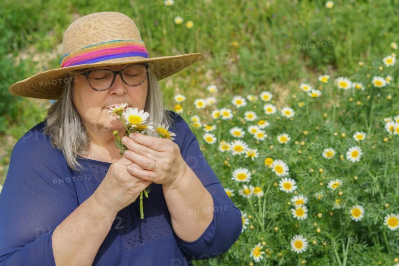 Mature woman with white hair and hat with a bouquet of daisies in her hands, in the background a meadow covered with flowers